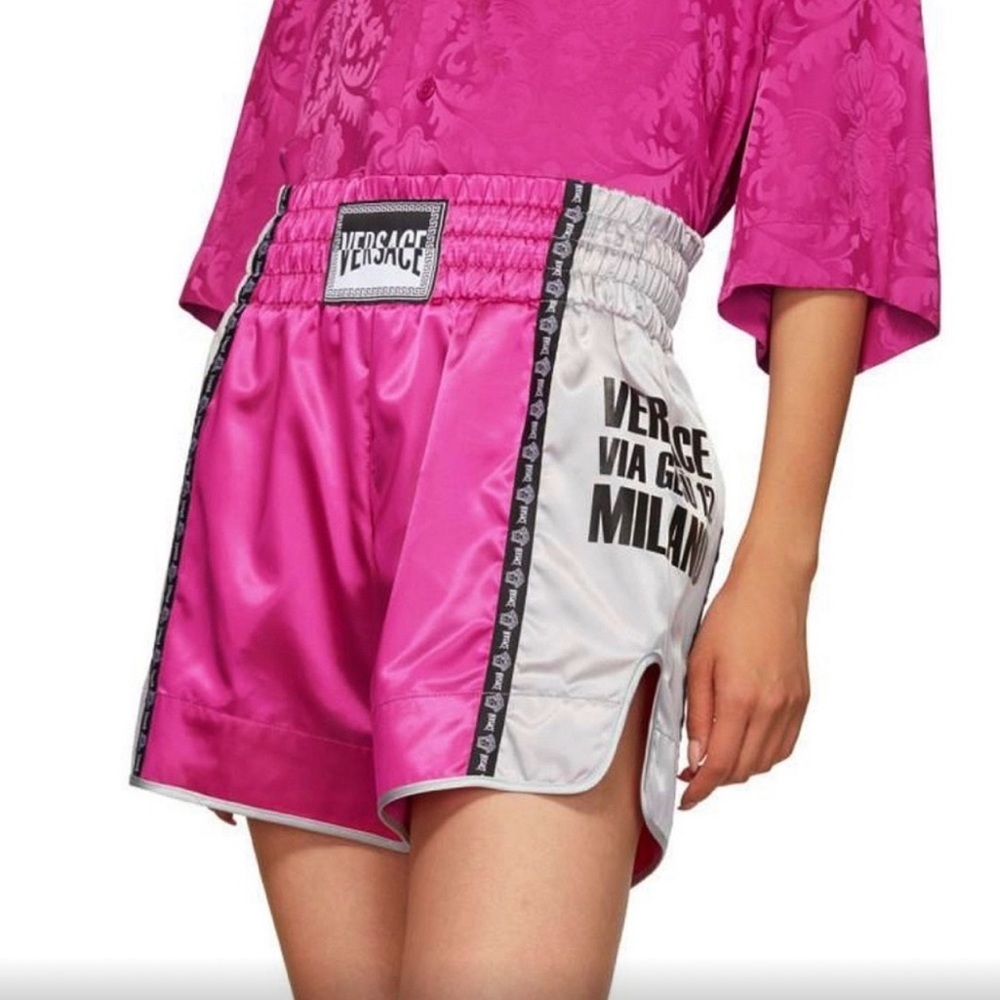 VERSACE Pink and Silver Unisex Boxing Shorts NWT shiny leg slit cute rare logo